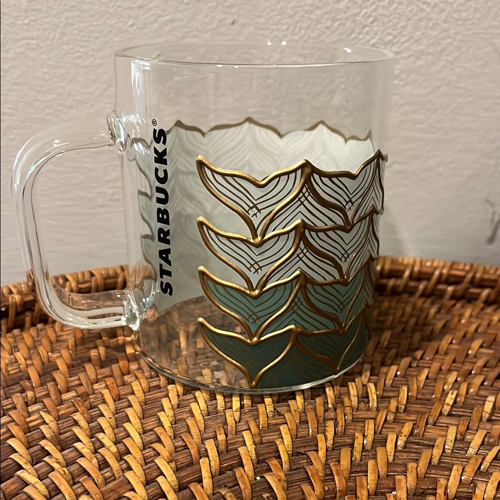 Starbucks Glass Mug with Gold and Green Accents
